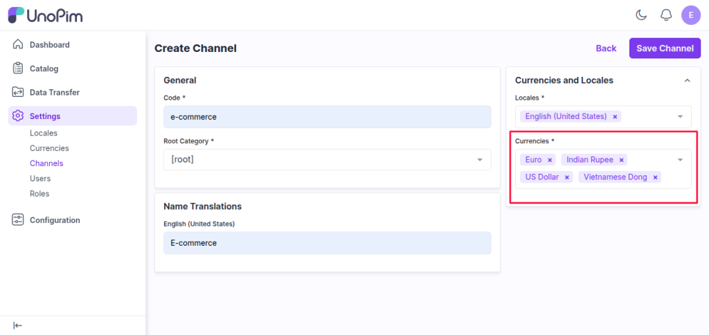 assign currencies to sales channel